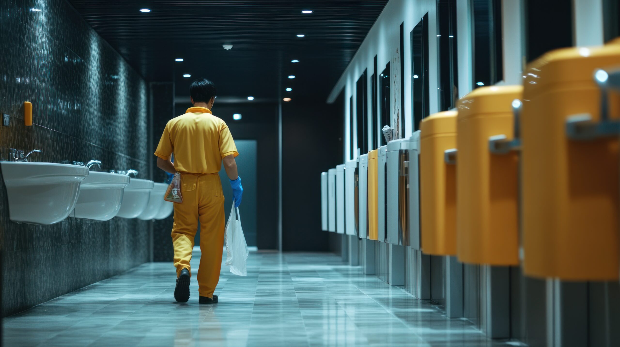 A cleaning service is disinfecting surfaces in a public restroom. --ar 16:9 --v 6.1 Job ID: 33cbaf21-c7f3-4acf-969f-f26497044ee0